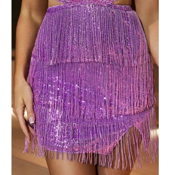Luxe Purple Sequin Fringe Cut out Mini Party Evening Dress - Picture 5 of 6